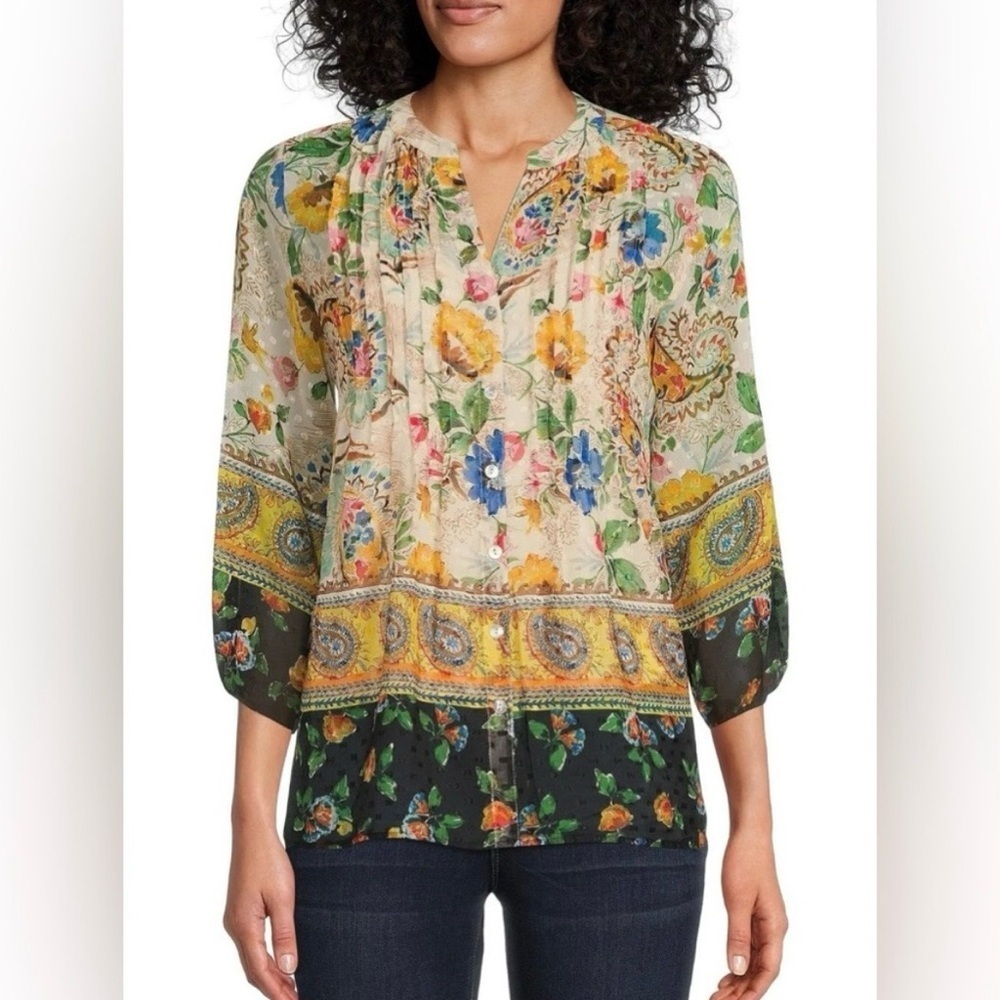 Anthropologie Figueroa & Flower Blouse Top S Boho Tunic Button Up Sheer Floral